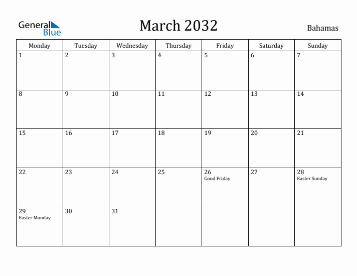 March 2032 Calendar Bahamas