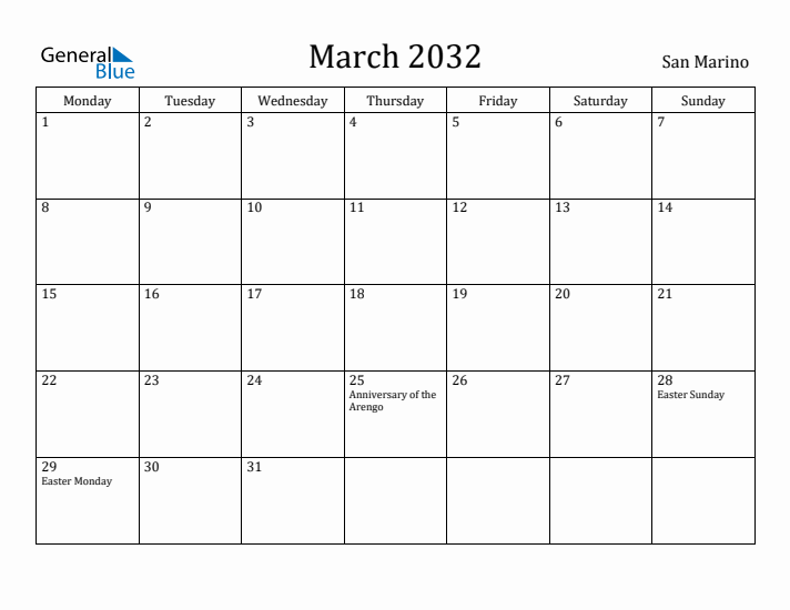 March 2032 Calendar San Marino