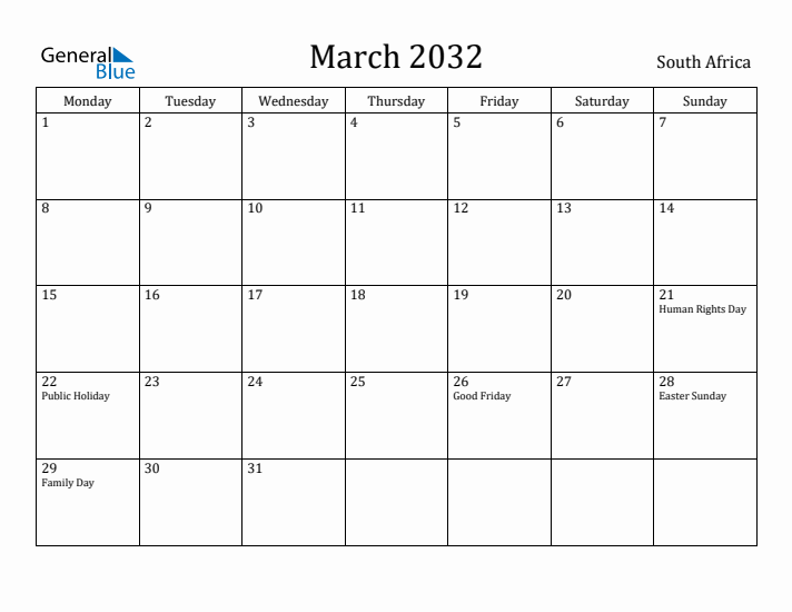 March 2032 Calendar South Africa