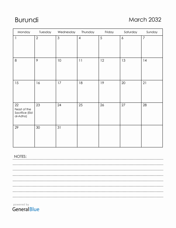 March 2032 Burundi Calendar with Holidays (Monday Start)