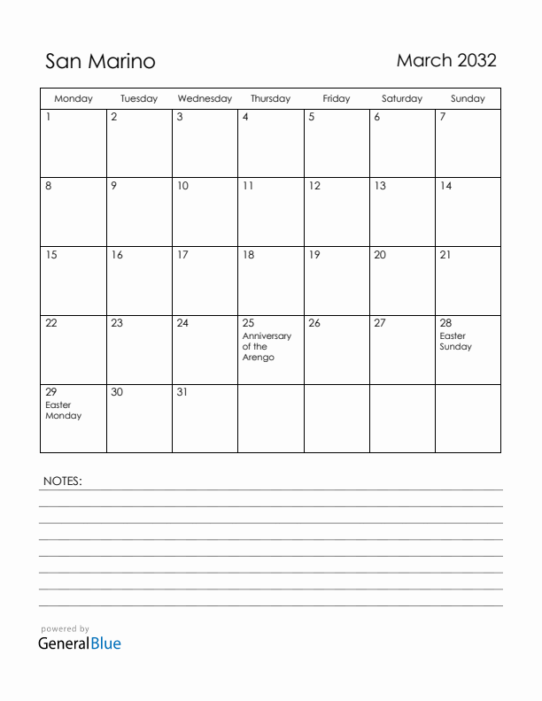 March 2032 San Marino Calendar with Holidays (Monday Start)