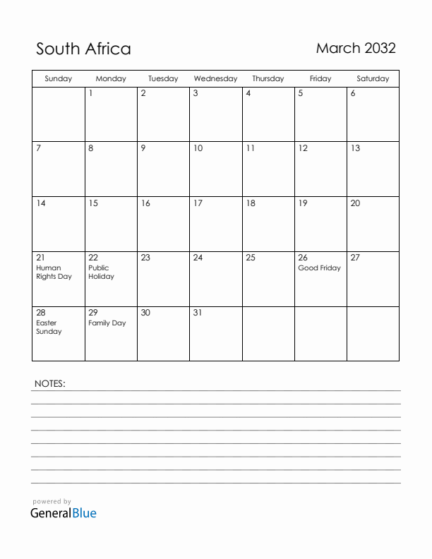March 2032 South Africa Calendar with Holidays (Sunday Start)