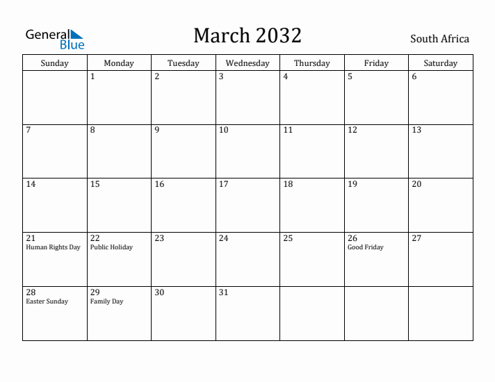 March 2032 Calendar South Africa