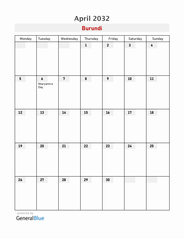 Burundi April 2032 Calendar with Holidays