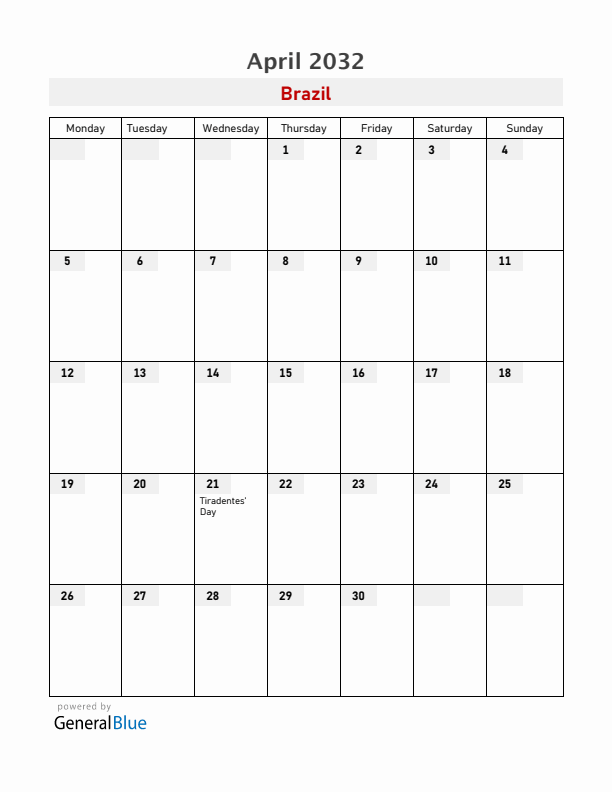 Brazil April 2032 Calendar with Holidays