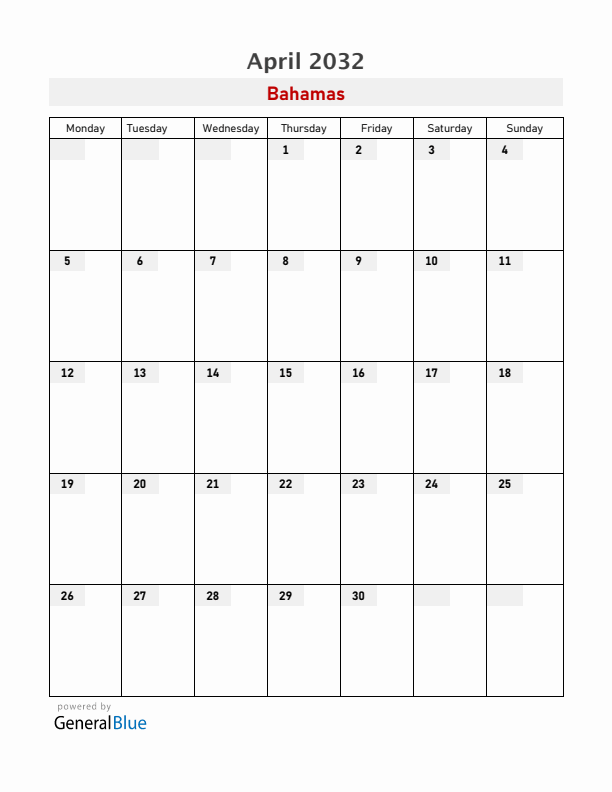 Bahamas April 2032 Calendar with Holidays