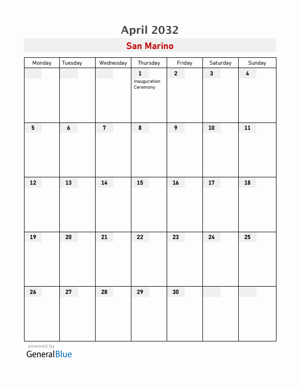 San Marino April 2032 Calendar with Holidays