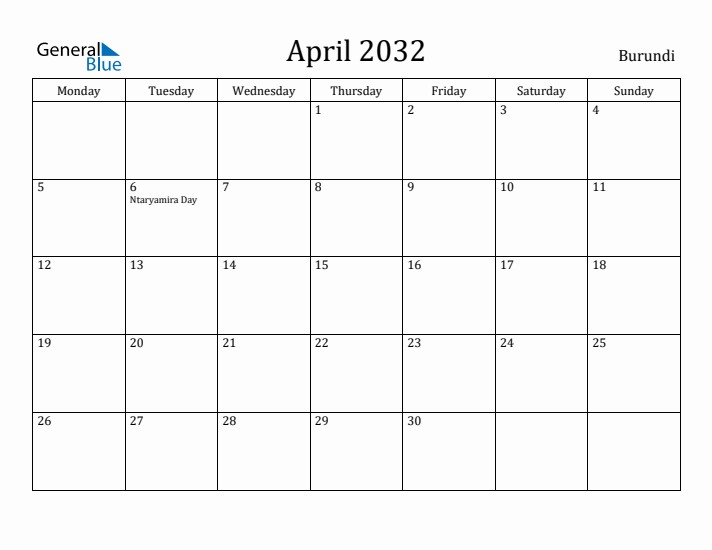April 2032 Calendar Burundi