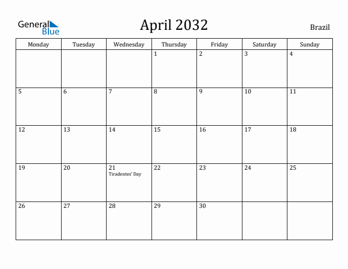 April 2032 Calendar Brazil