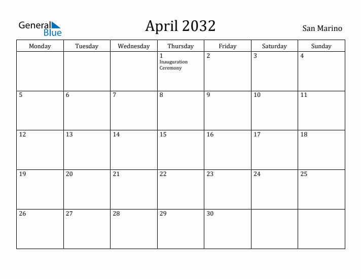 April 2032 Calendar San Marino