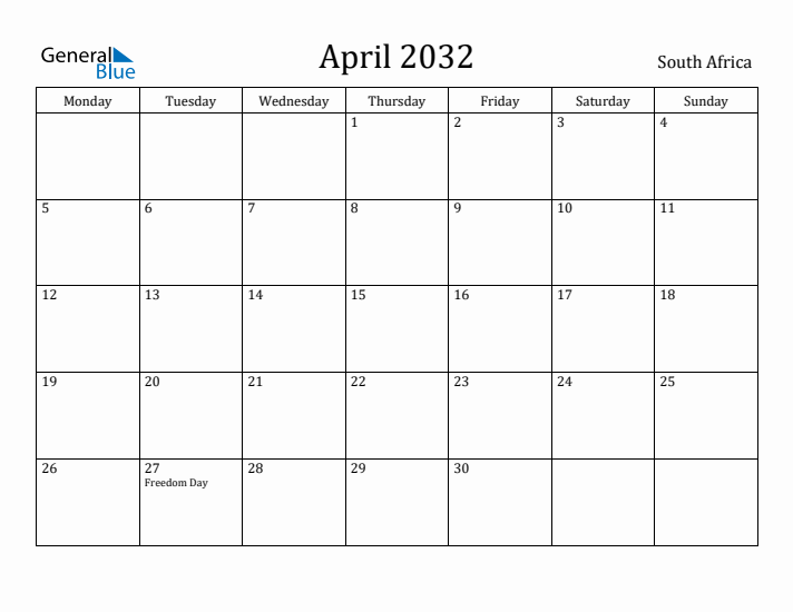 April 2032 Calendar South Africa