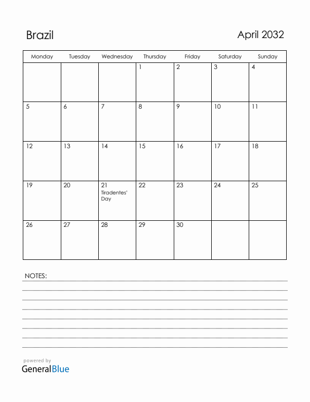 April 2032 Brazil Calendar with Holidays (Monday Start)