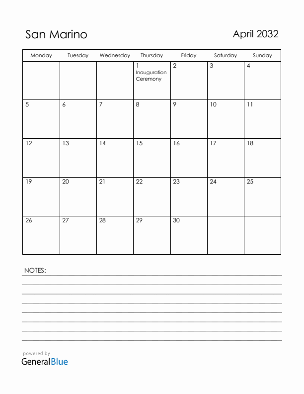 April 2032 San Marino Calendar with Holidays (Monday Start)