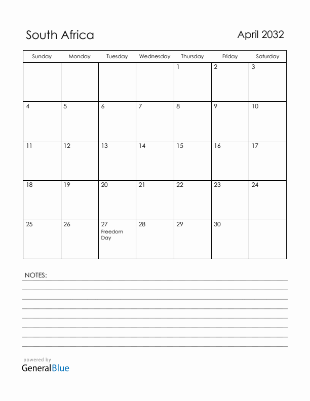 April 2032 South Africa Calendar with Holidays (Sunday Start)
