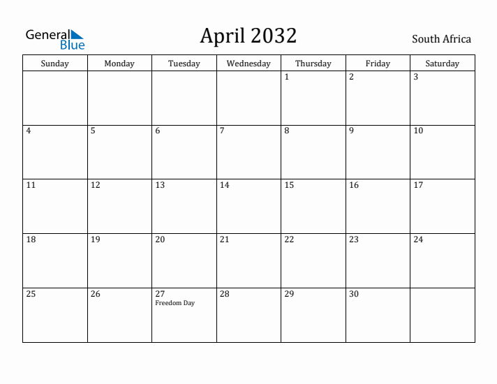 April 2032 Calendar South Africa