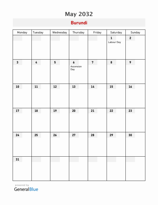 Burundi May 2032 Calendar with Holidays