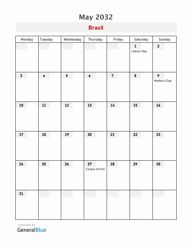 Brazil May 2032 Calendar with Holidays