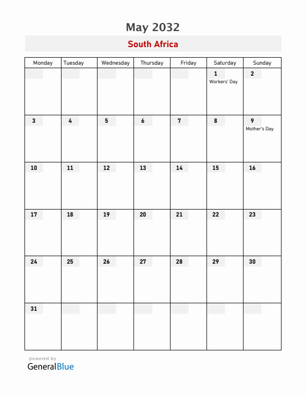 South Africa May 2032 Calendar with Holidays