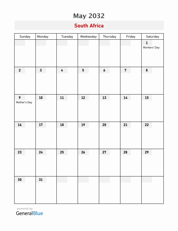 South Africa May 2032 Calendar with Holidays