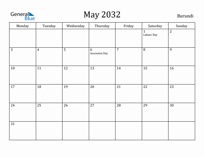May 2032 Calendar Burundi