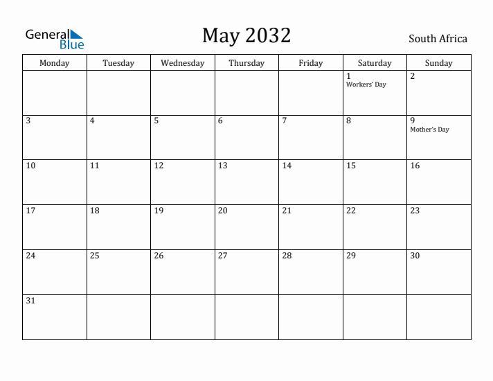 May 2032 Calendar South Africa
