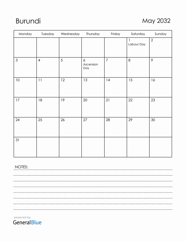May 2032 Burundi Calendar with Holidays (Monday Start)