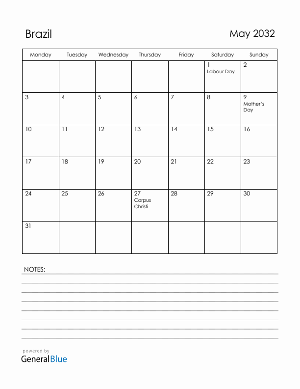 May 2032 Brazil Calendar with Holidays (Monday Start)