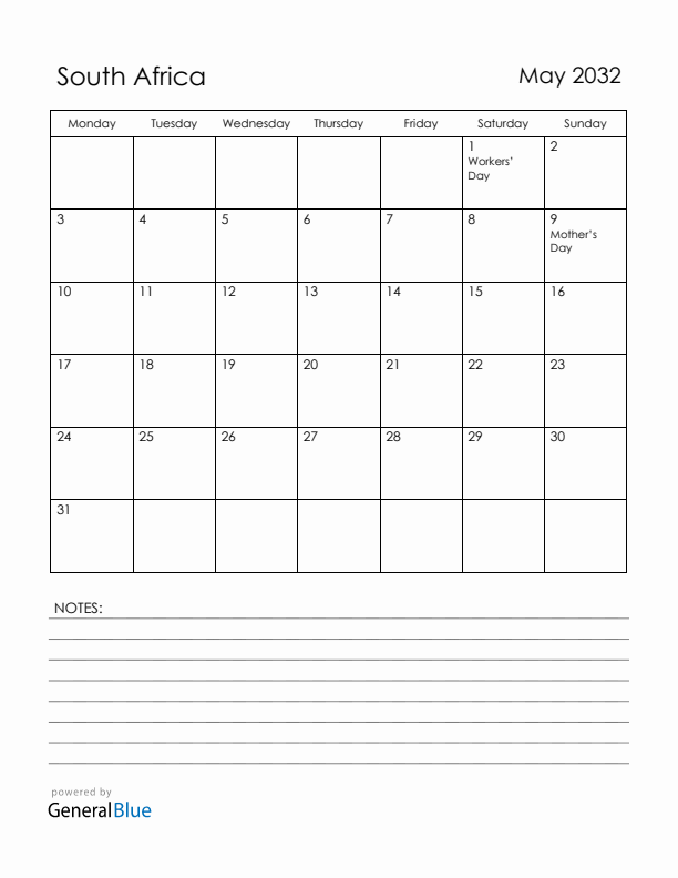 May 2032 South Africa Calendar with Holidays (Monday Start)