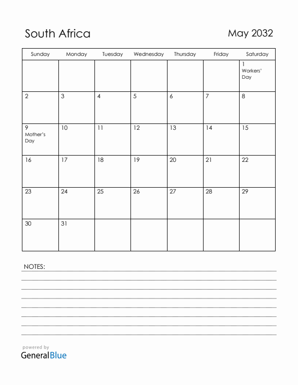 May 2032 South Africa Calendar with Holidays (Sunday Start)