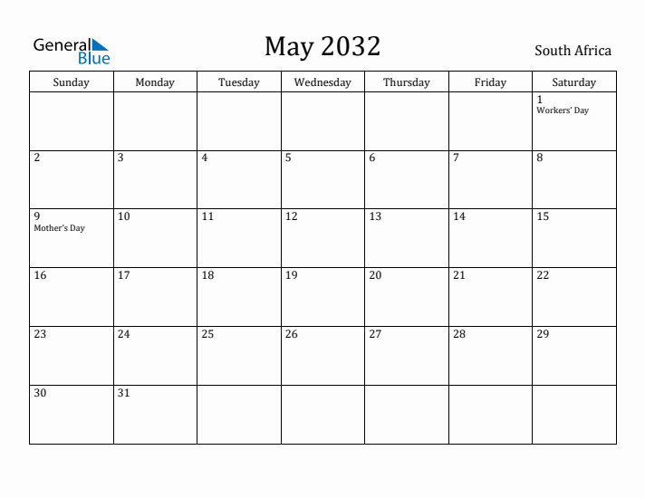 May 2032 Calendar South Africa