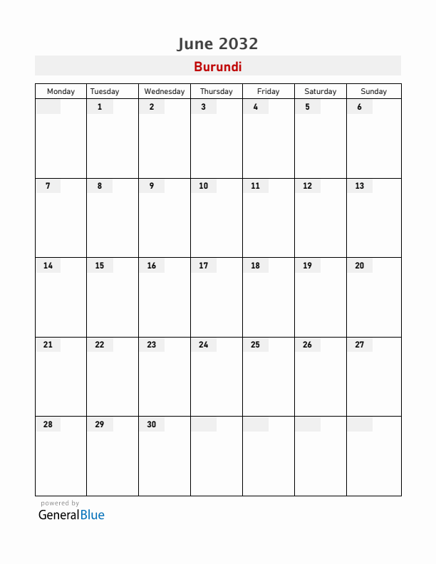 Burundi June 2032 Calendar with Holidays