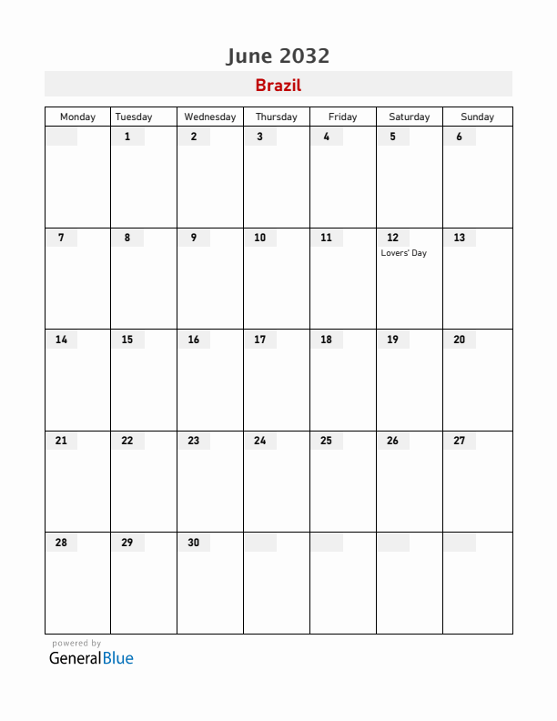 Brazil June 2032 Calendar with Holidays