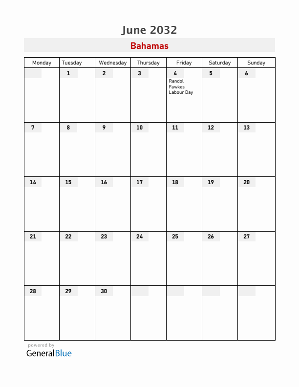 Bahamas June 2032 Calendar with Holidays