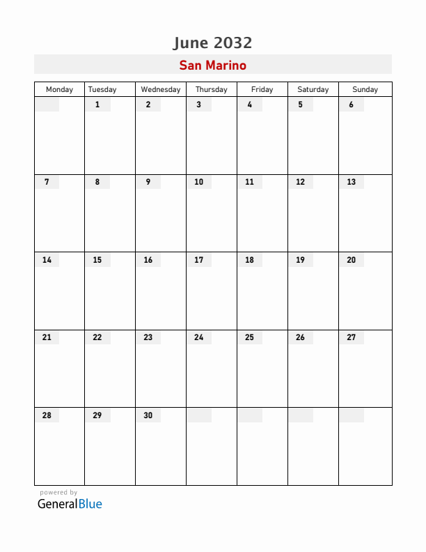 San Marino June 2032 Calendar with Holidays