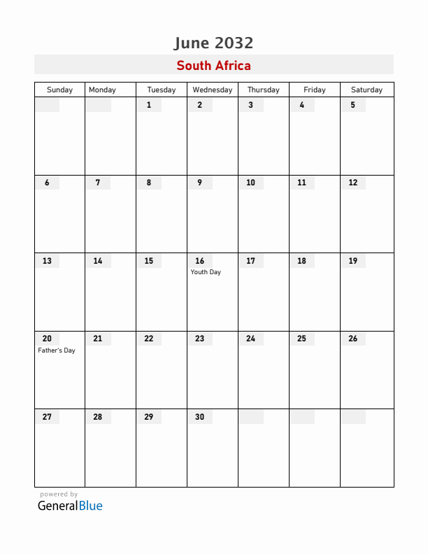 South Africa June 2032 Calendar with Holidays
