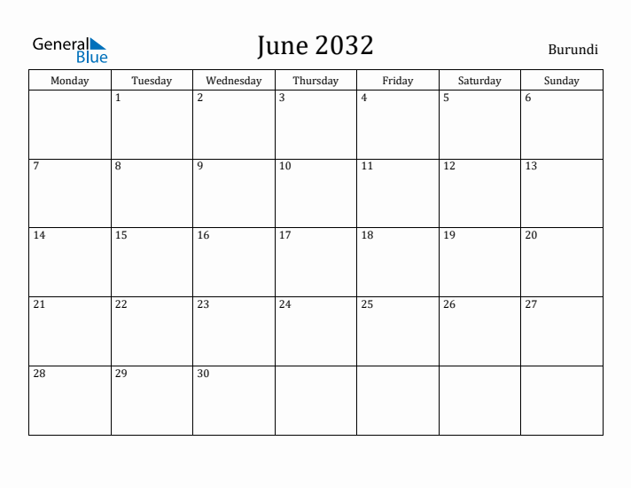 June 2032 Calendar Burundi