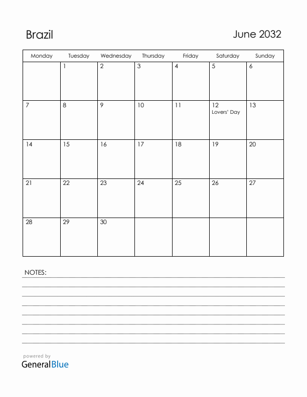 June 2032 Brazil Calendar with Holidays (Monday Start)