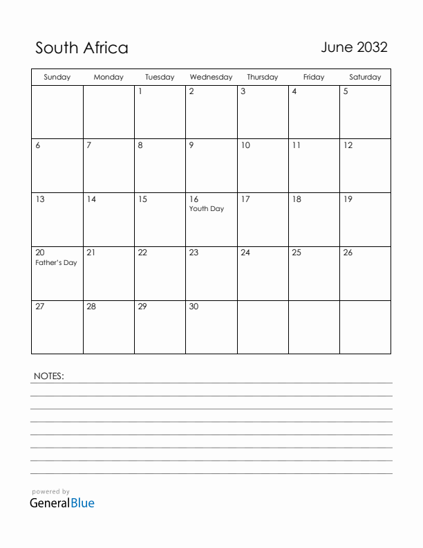 June 2032 South Africa Calendar with Holidays (Sunday Start)