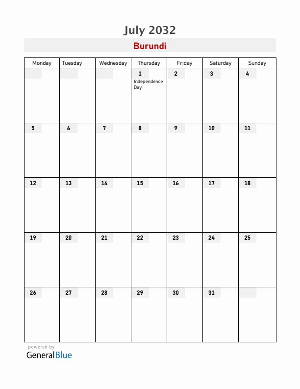 Burundi July 2032 Calendar with Holidays