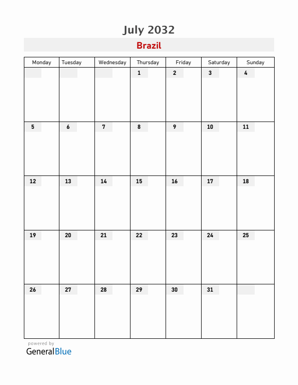 Brazil July 2032 Calendar with Holidays
