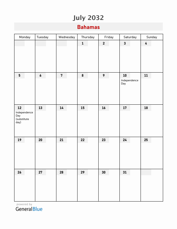 Bahamas July 2032 Calendar with Holidays