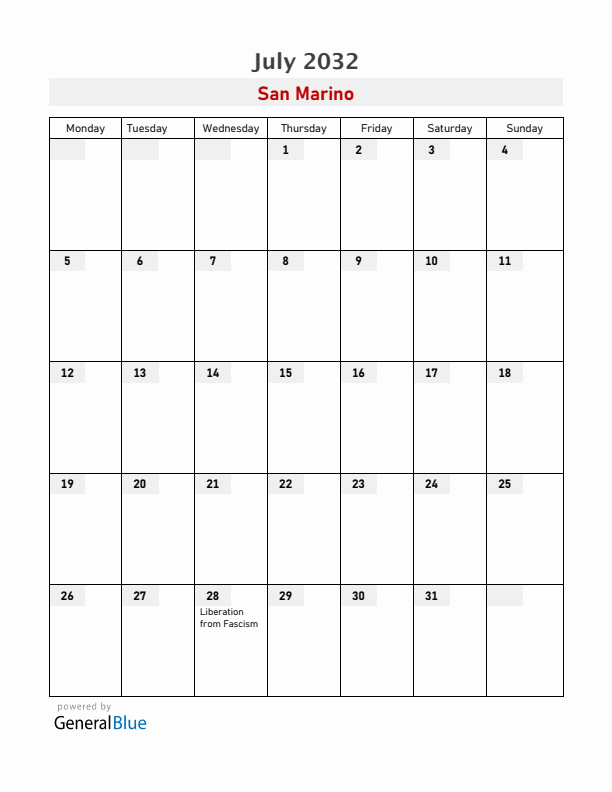 San Marino July 2032 Calendar with Holidays