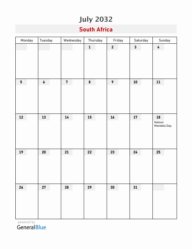 South Africa July 2032 Calendar with Holidays