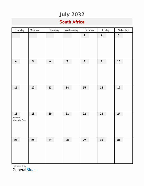 South Africa July 2032 Calendar with Holidays