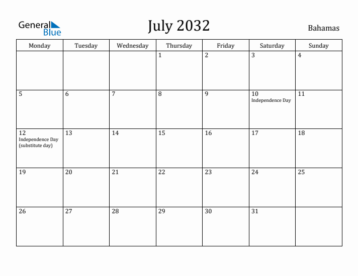 July 2032 Calendar Bahamas