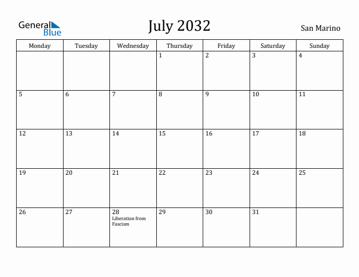 July 2032 Calendar San Marino