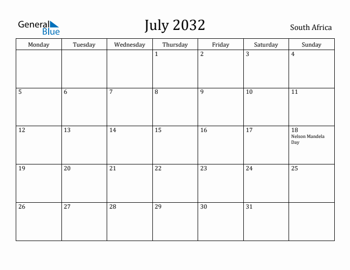 July 2032 Calendar South Africa