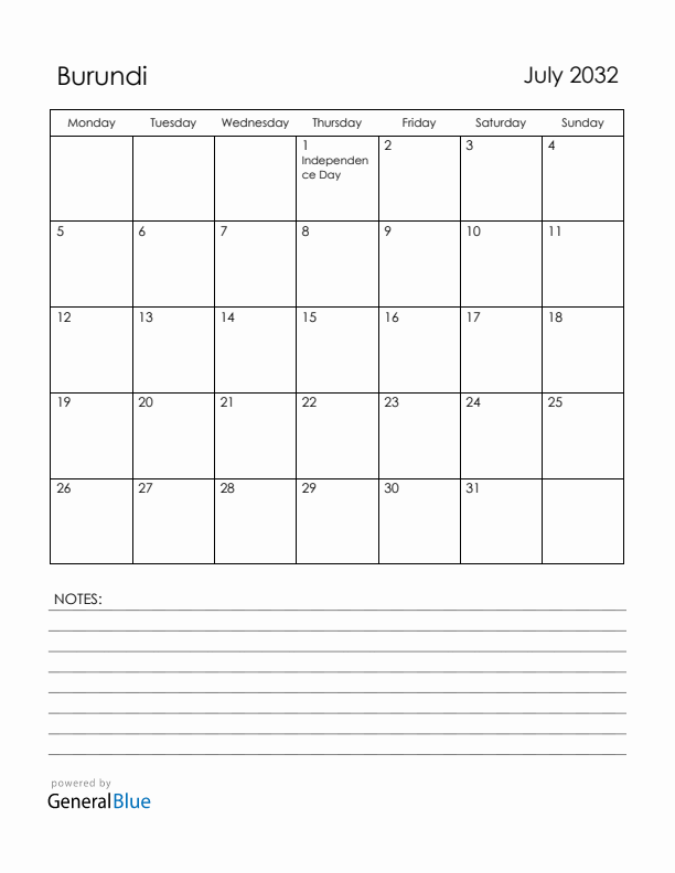July 2032 Burundi Calendar with Holidays (Monday Start)