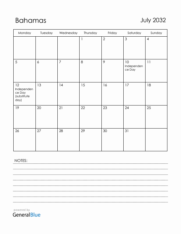 July 2032 Bahamas Calendar with Holidays (Monday Start)