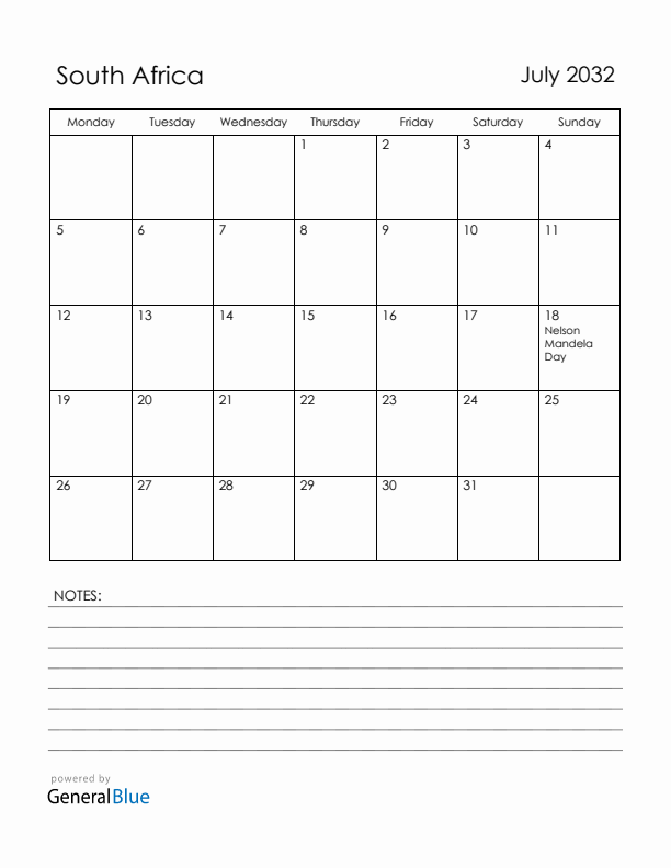 July 2032 South Africa Calendar with Holidays (Monday Start)